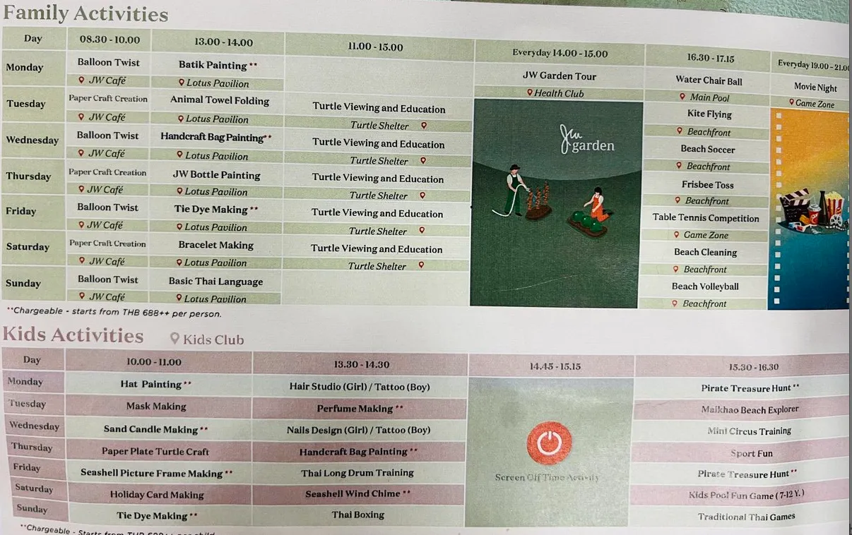 子連れにおすすめ!JWマリオット プーケット リゾート&スパ|アクティビティスケジュール