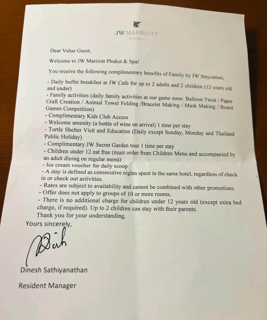子連れにおすすめ!JWマリオット プーケット リゾート&スパ|宿泊特典